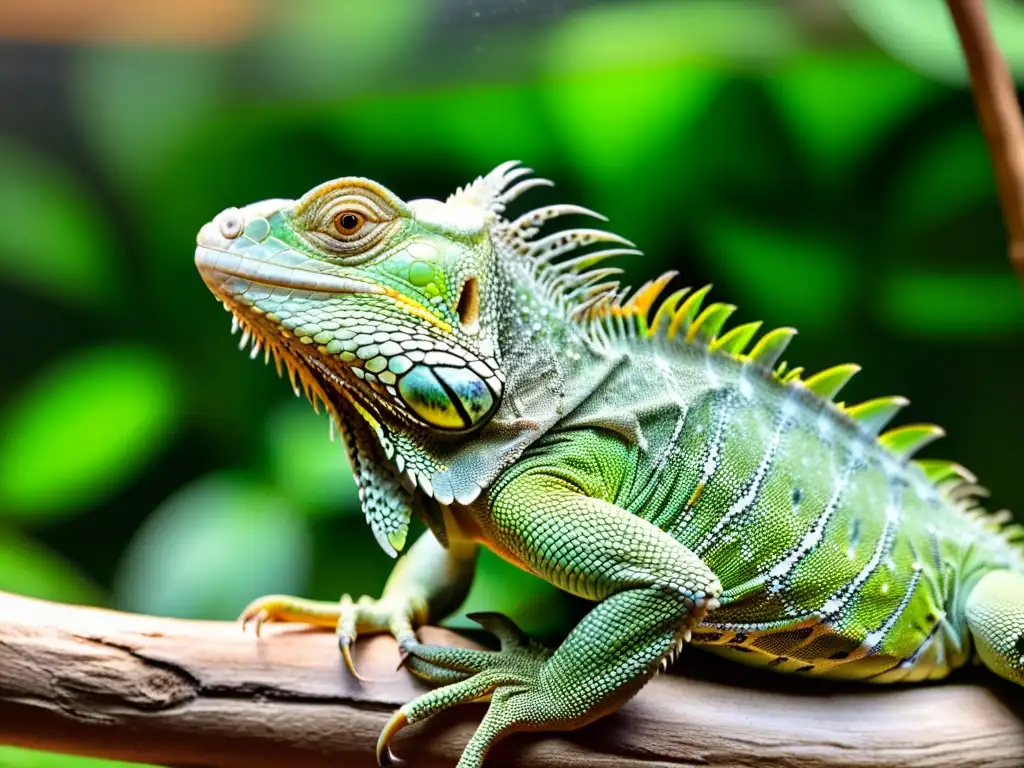 Imagen detallada de una iguana verde descansando en una rama en un terrario, transmitiendo tranquilidad y cuidado postoperatorio