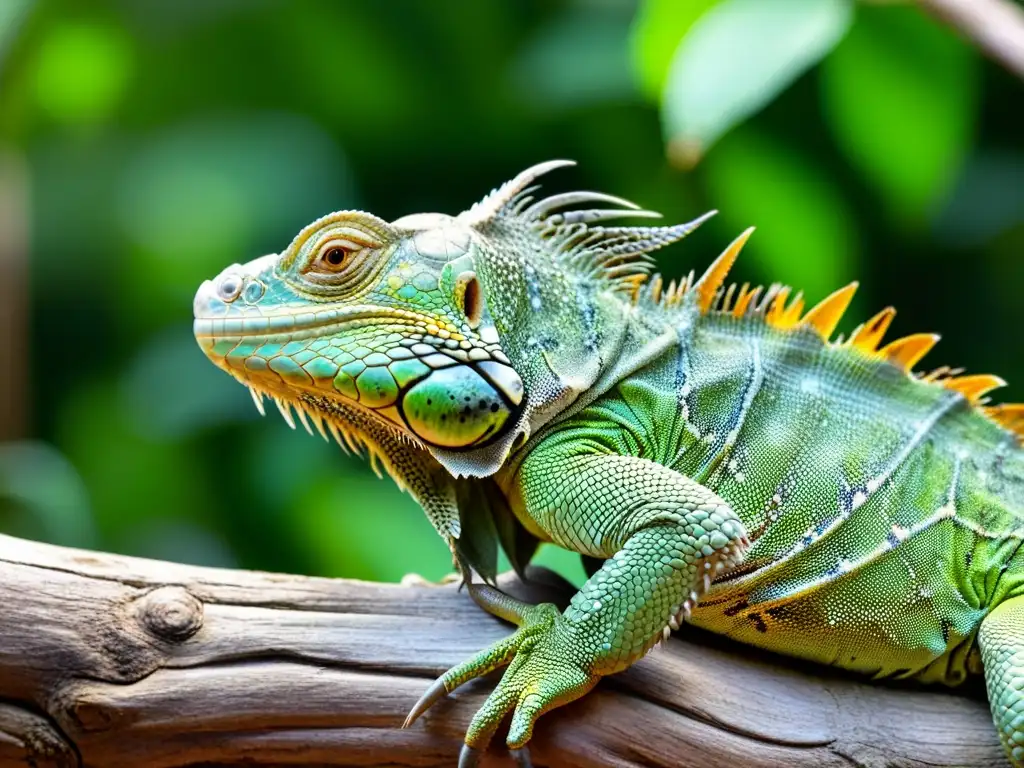 Una imagen detallada de una iguana verde descansando en una rama, con expresión de malestar