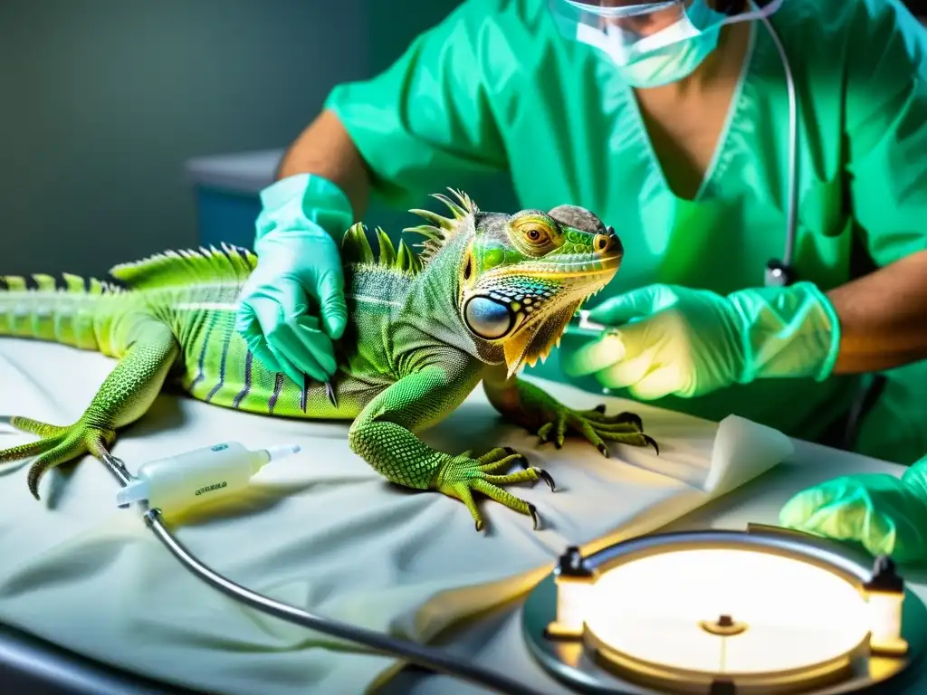 Imagen detallada de una iguana verde en cirugía para corregir un prolapso, con escamas y tejidos delicados visibles