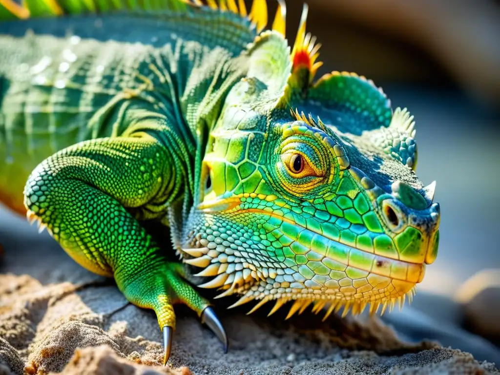 Una imagen detallada y bien iluminada de una pata de iguana herida, mostrando textura y gravedad de las lesiones, con escamas y garras visibles, en un entorno natural