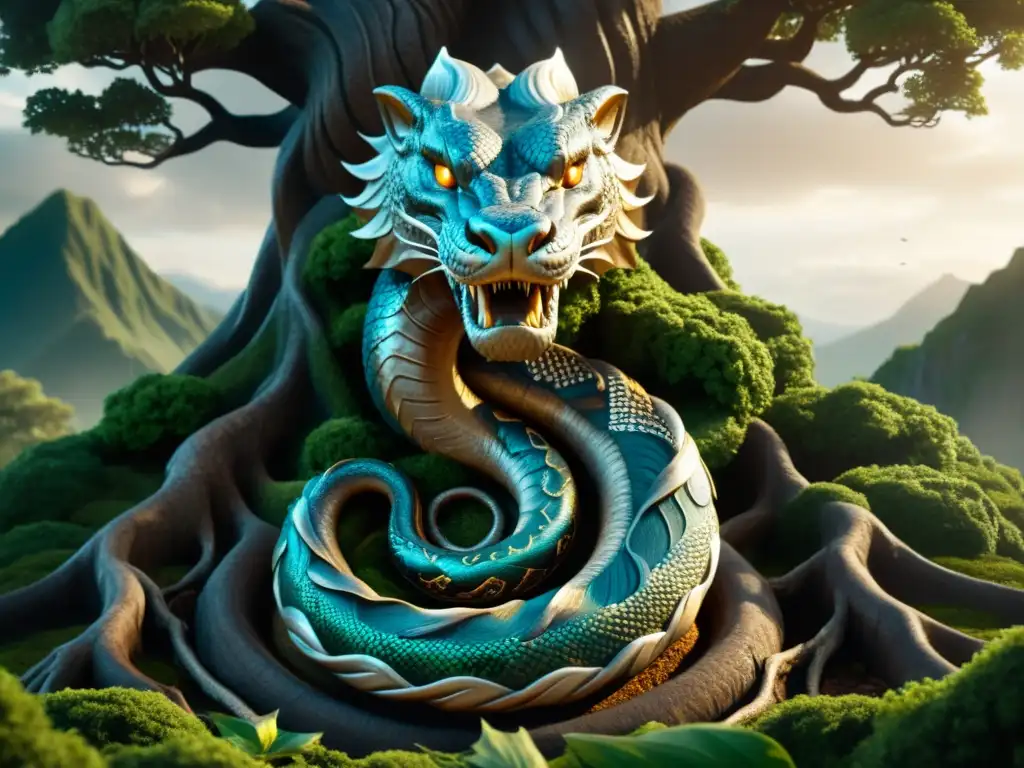 Imagen detallada de Jörmungandr, la serpiente de Midgard, enredada en las raíces de Yggdrasil, evocando la mitología nórdica