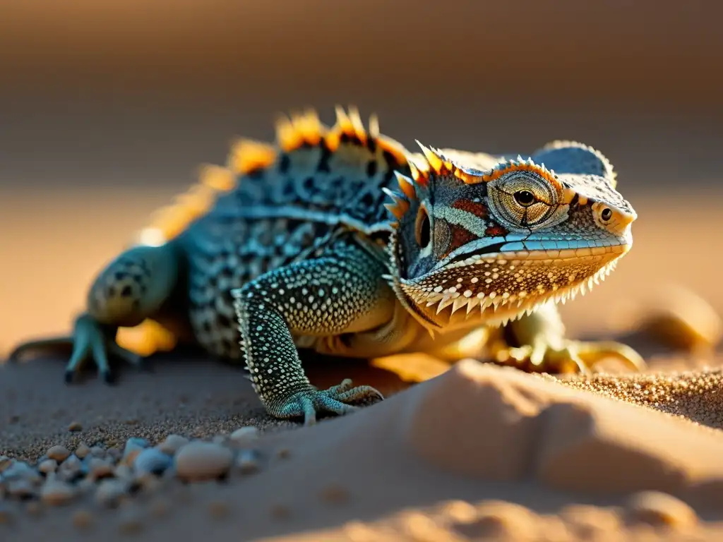 Imagen detallada de un lagarto cornudo en el desierto, destacando sus adaptaciones únicas de reptiles hábitats y su camuflaje impresionante