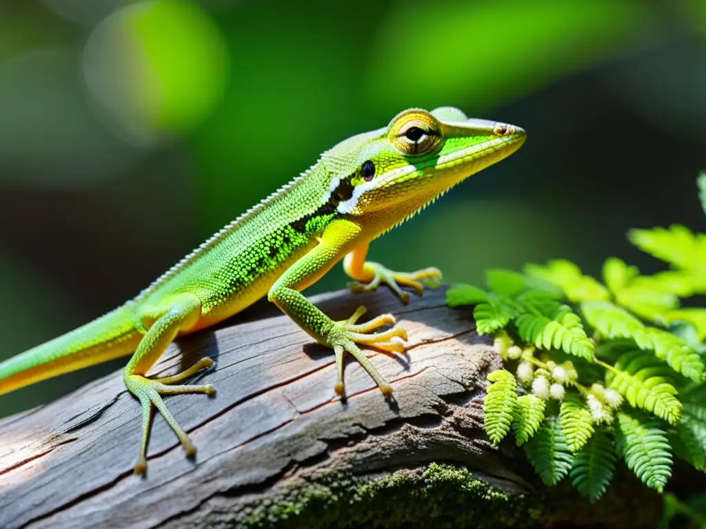 Imagen detallada de un lagarto anolis verde en un árbol cubierto de musgo