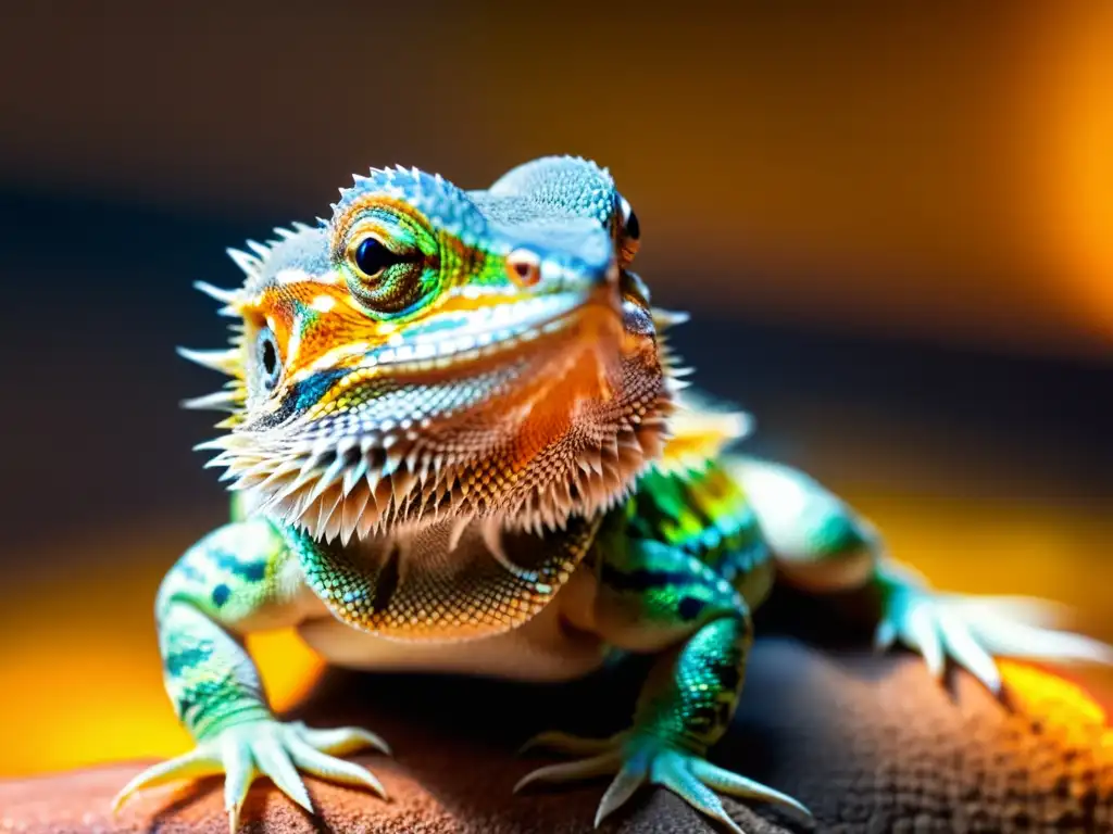 Imagen detallada de un dragón barbudo bajo una lámpara de calor, reflejando la luz cálida en sus ojos y con gotas de agua en su piel