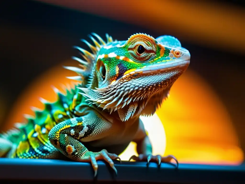 Una imagen detallada de un dragón barbudo termorregulándose bajo una lámpara de calor en cautiverio, con escamas detalladas y ondas de calor radiantes