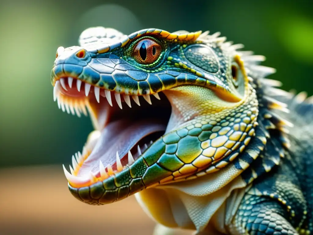 Imagen detallada de la lengua de un reptil capturando un insecto, mostrando texturas y patrones de escamas, con enfoque en el ojo y fondo natural