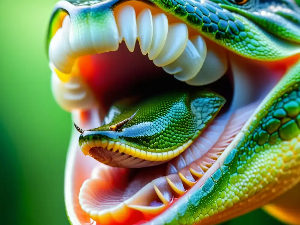 Imagen detallada de la lengua de un reptil capturando un insecto, con escamas y texturas nítidas