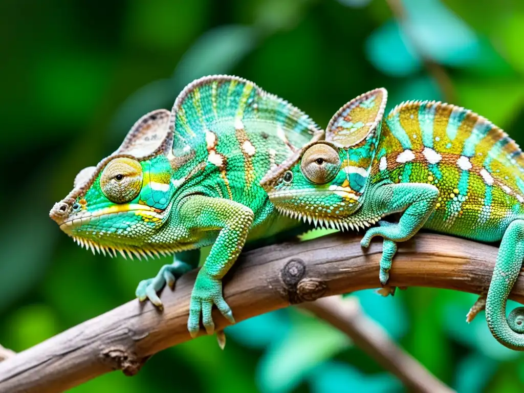 Imagen detallada de un macho y una hembra de camaleón juntos, mostrando su dimorfismo sexual en reptiles con colores y texturas contrastantes