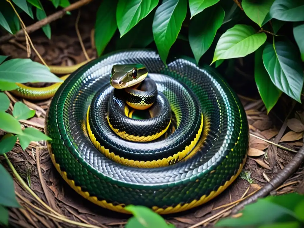 Imagen detallada de un majestuoso Cobra Real con capucha dorada protegiendo su nido en la exuberante selva de la India