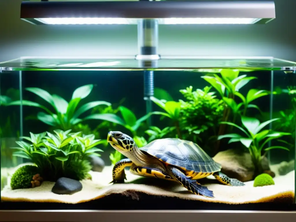 Imagen detallada del mejor equipamiento para tortugas acuáticas en un hábitat acuático bien equipado y limpio, con tortugas activas y saludables