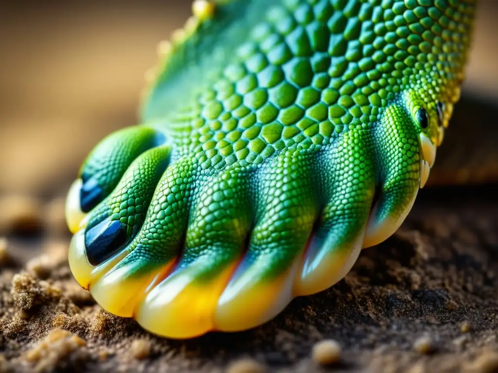 Una imagen detallada de una pata de reptil con signos visibles de gota, destacando las escamas y la incomodidad del animal