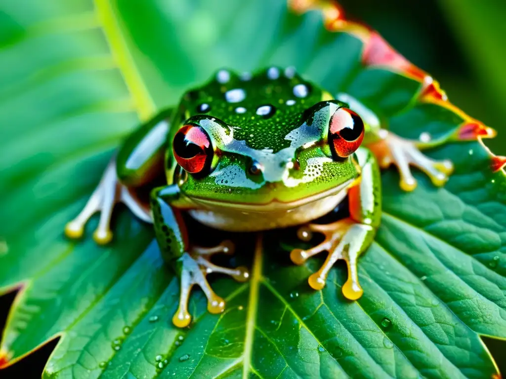 Una imagen detallada de la piel de una rana cubierta de gotas de agua, con ojos y fosas nasales visibles