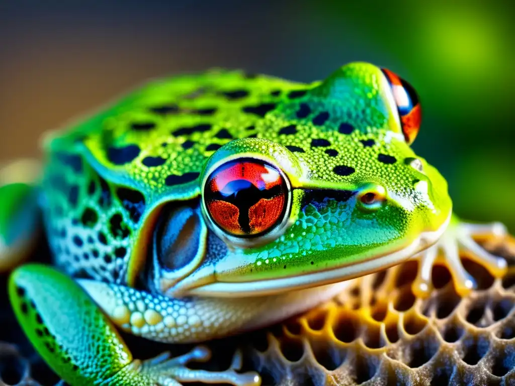 Imagen detallada de la piel de una rana, mostrando los poros y capilares con colores vibrantes