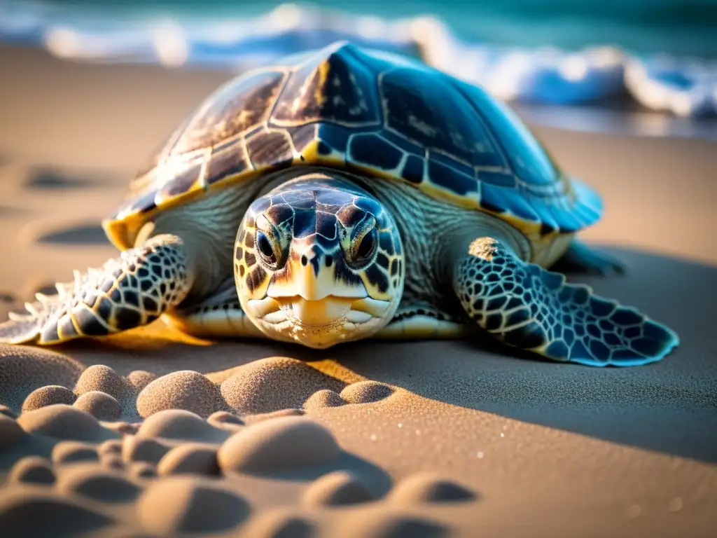 Imagen detallada de una tortuga marina anidando en una playa iluminada por la luna, con un ambiente de urgencia y belleza natural