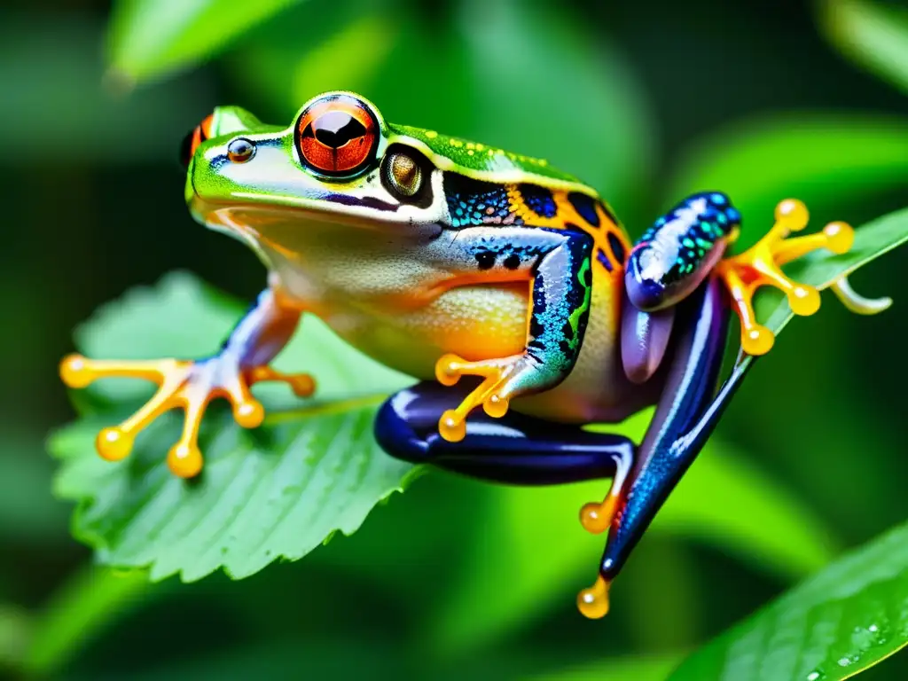 Imagen detallada de una rana exótica saltando en un entorno tropical, mostrando sus vibrantes colores y textura de la piel