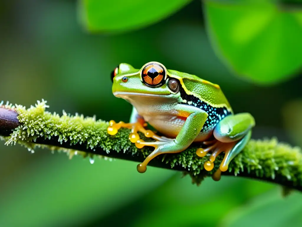 Imagen detallada de una rana arbórea en su hábitat natural, demostrando técnicas de fotografía para reptiles con su piel translúcida y ojos dorados