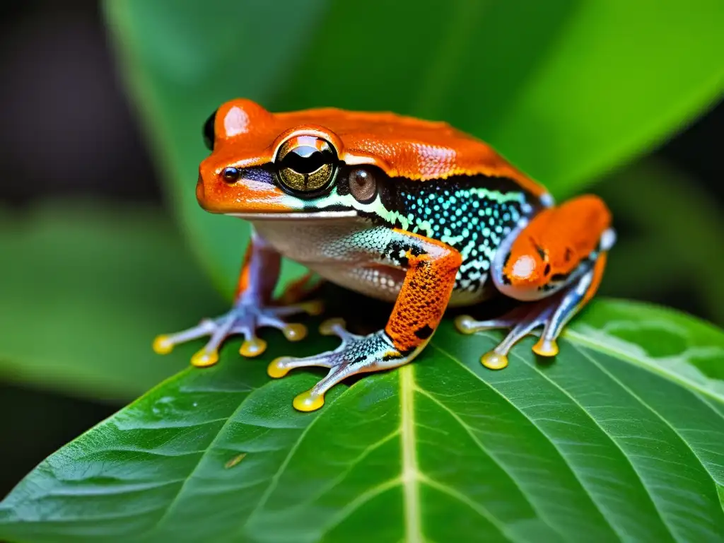 Imagen detallada de una rana arbórea nocturna en la selva, destacando sus adaptaciones únicas para la noche