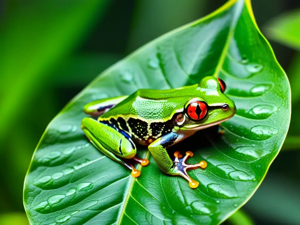 Imagen detallada de una rana de ojos rojos en una hoja verde, muestra la relación simbiótica entre predadores y presas en la exuberante selva