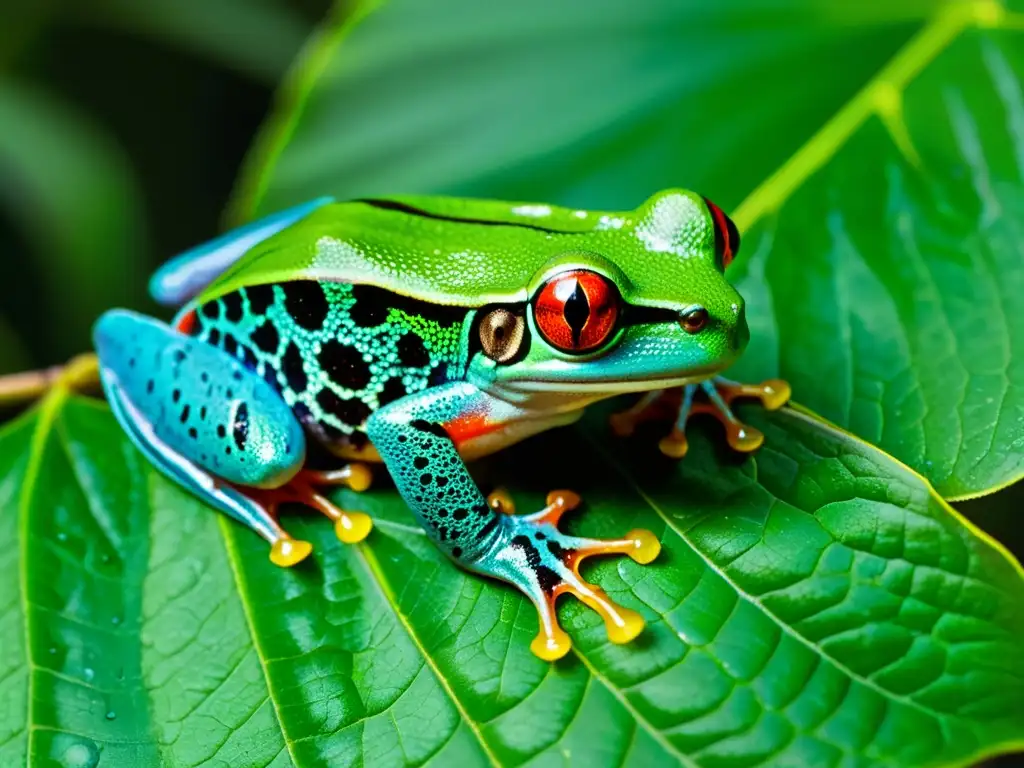 Imagen detallada de una rana de ojos rojos en una hoja en la selva tropical