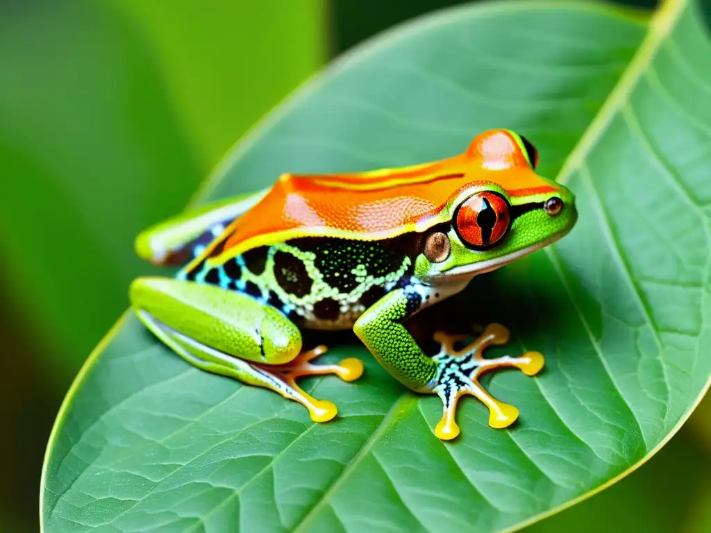 Imagen detallada de una rana de ojos rojos cautiva, mostrando su piel verde y ojos expresivos, en un entorno tropical