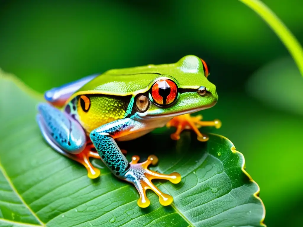 Imagen detallada de una rana de ojos rojos en la selva lluviosa durante el ritual de apareamiento anfibio, con piel translúcida y ojos dorados