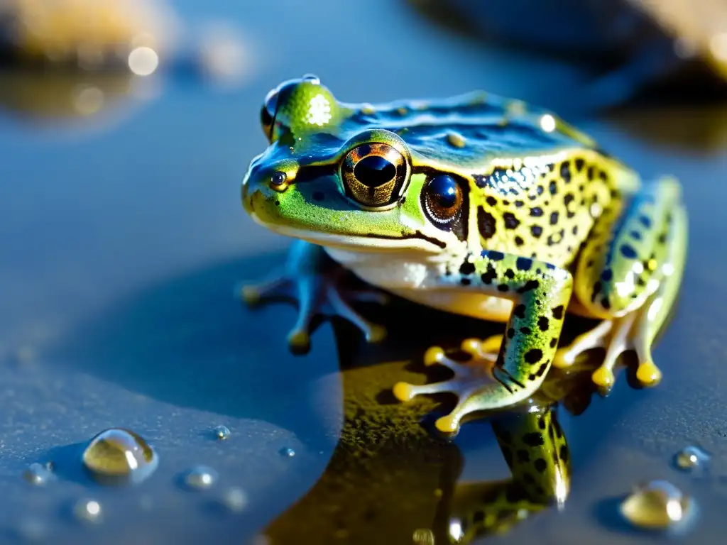 Imagen detallada de una rana de pantano con piel brillante, reflejando adaptación de anfibios a ambientes salinos