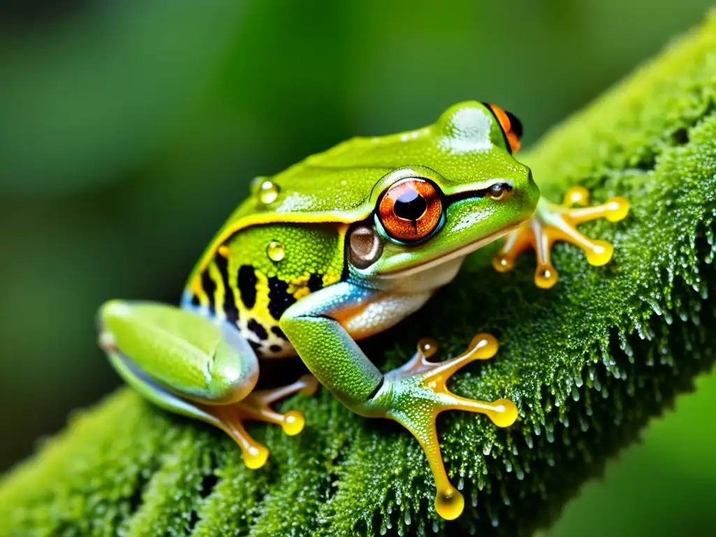 Imagen detallada de una rana arbórea verde vibrante en su hábitat natural, capturando la esencia de la naturaleza