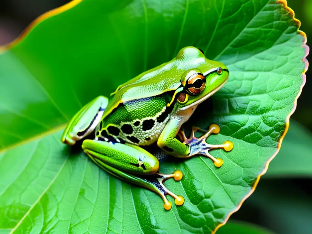 Imagen detallada de una rana arbórea verde vibrante con su saco vocal inflado, mostrando la comunicación bioacústica en anfibios