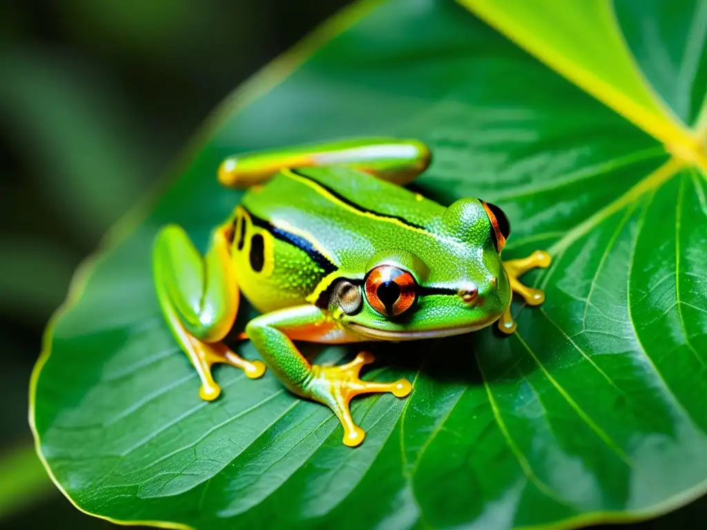 Imagen detallada de una rana arbórea verde en hábitat selvático exuberante, resaltando la importancia de reptiles y anfibios en ecosistemas saludables