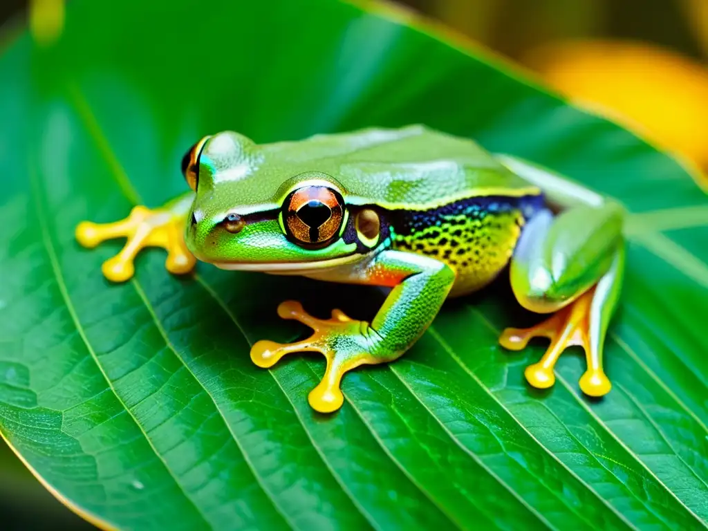 Imagen detallada de una rana arbórea verde en la selva tropical, resaltando la importancia de los anfibios en la biodiversidad