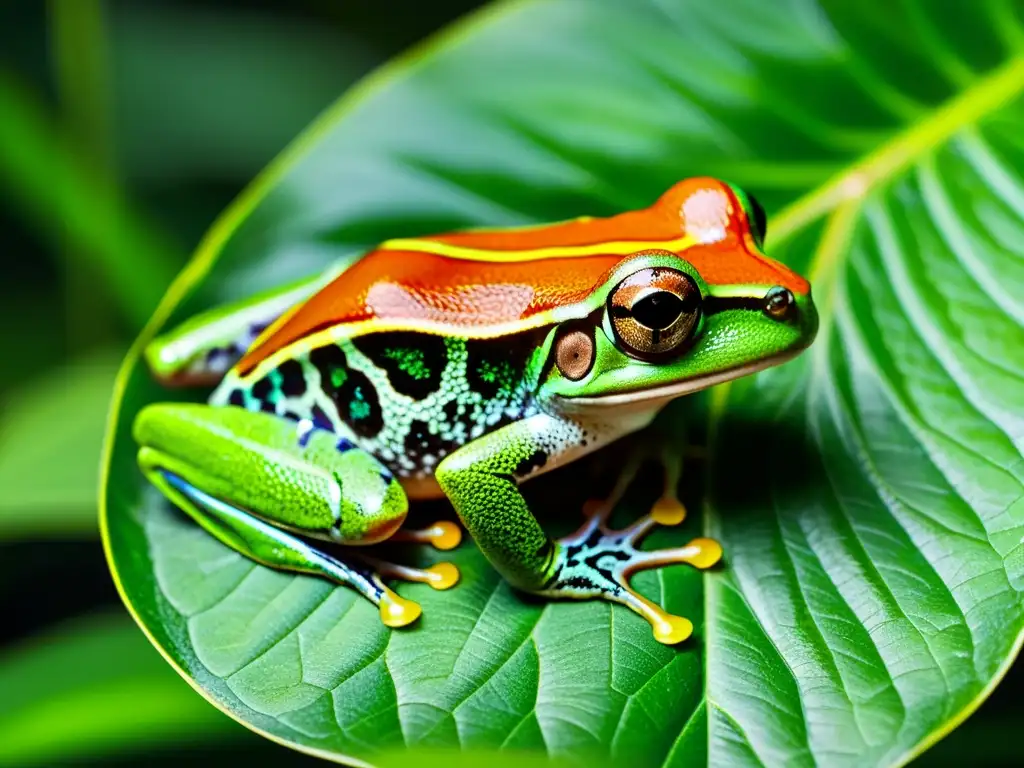 Imagen detallada de una rana arbórea verde vibrante en su hábitat natural en la selva tropical