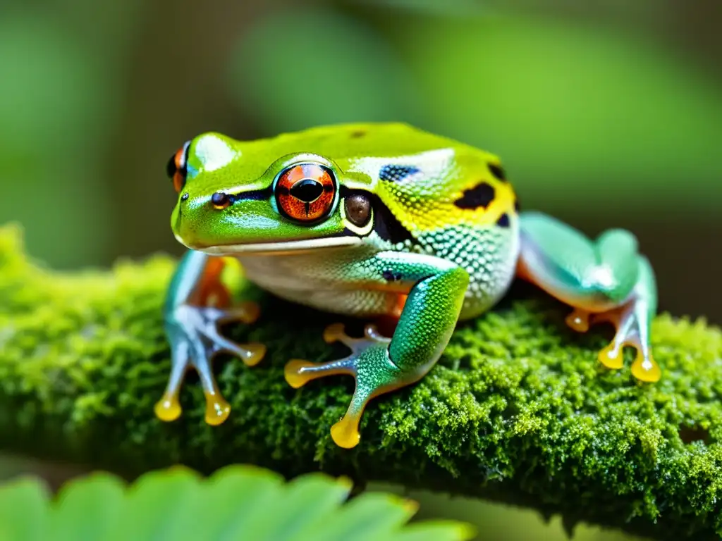 Imagen detallada de una rana verde en un bosque templado, reflejando la luz del sol