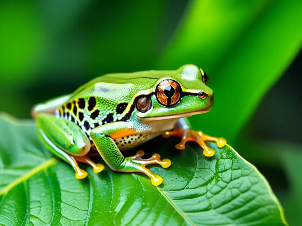 Imagen detallada de una rana arbórea verde vibrante en su hábitat natural, con patas webadas y ojos dorados expresivos