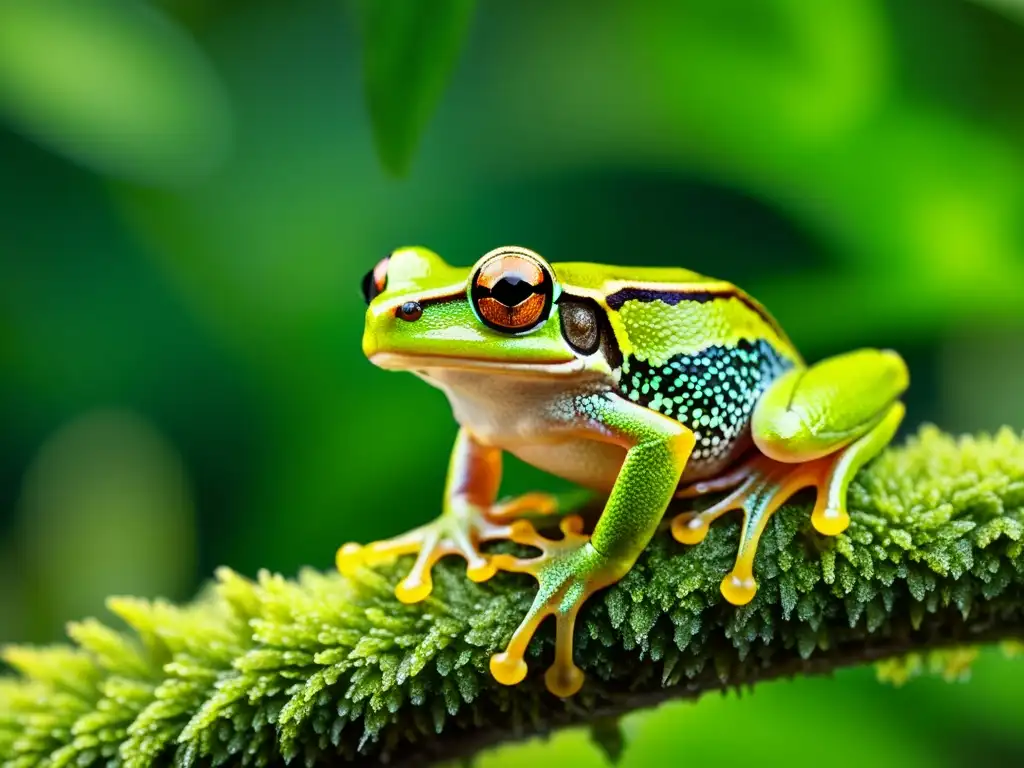 Imagen detallada de una rana verde en un ambiente selvático, reflejando la luz solar