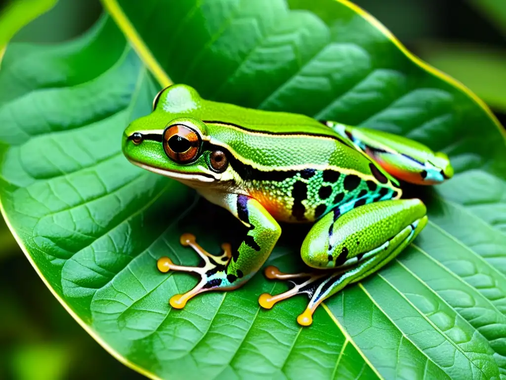 Rana arbórea verde en detalle: colores vibrantes y patrones impresionantes Imagen detallada de una rana arbórea verde en su hábitat natural, con patrones en su piel y webbing entre sus dedos