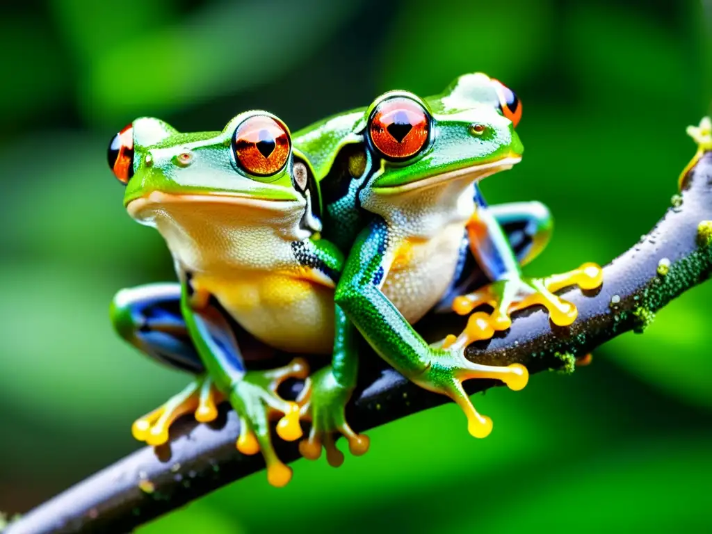 Imagen detallada de dos ranas en ritual apareamiento anfibios lluvia en la selva tropical, con intensos colores y texturas capturados