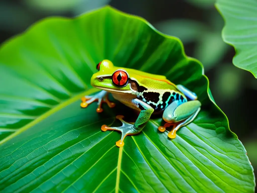 Imagen detallada de una ranita de ojos rojos en una hoja verde en la selva tropical