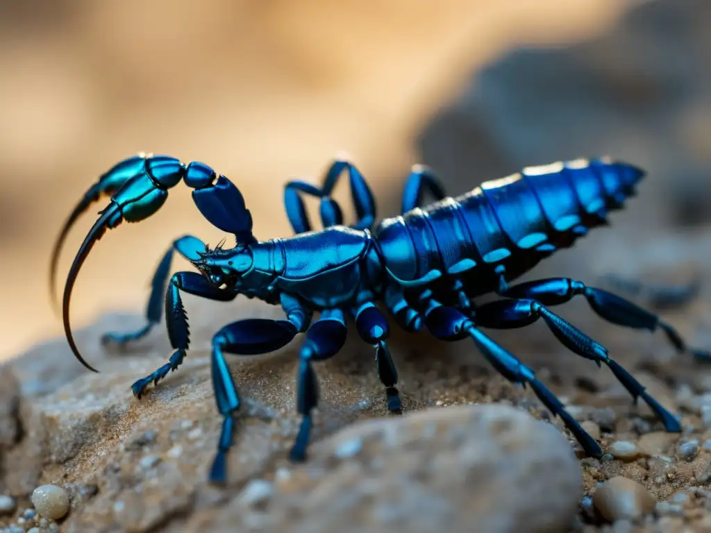 Imagen detallada de un raro escorpión azul en su hábitat natural, resaltando la conservación del escorpión azul raro