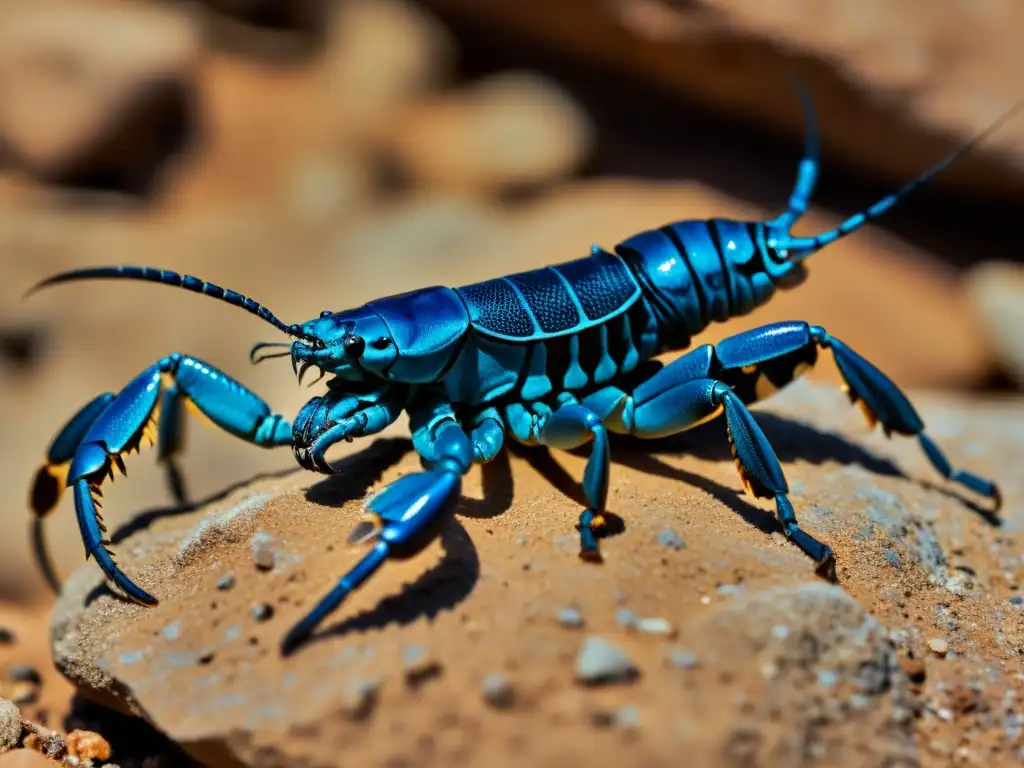 Imagen detallada de un raro escorpión azul en su hábitat natural, resaltando la conservación del escorpión azul raro