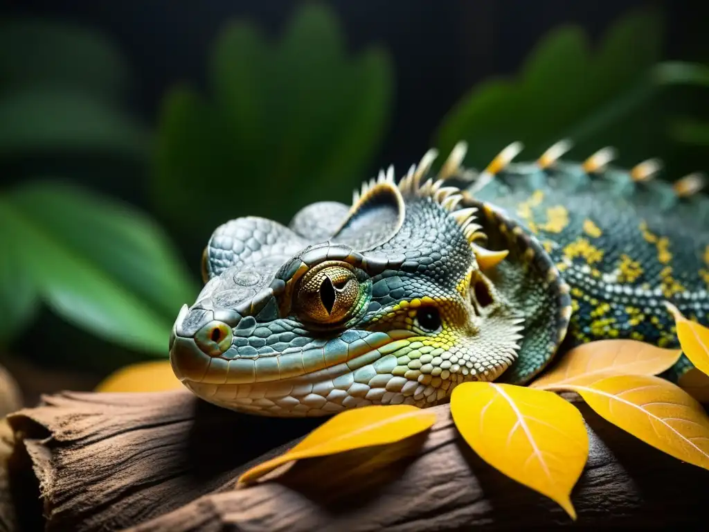 Imagen detallada de reptil en brumación, en un ambiente cálido y tranquilo