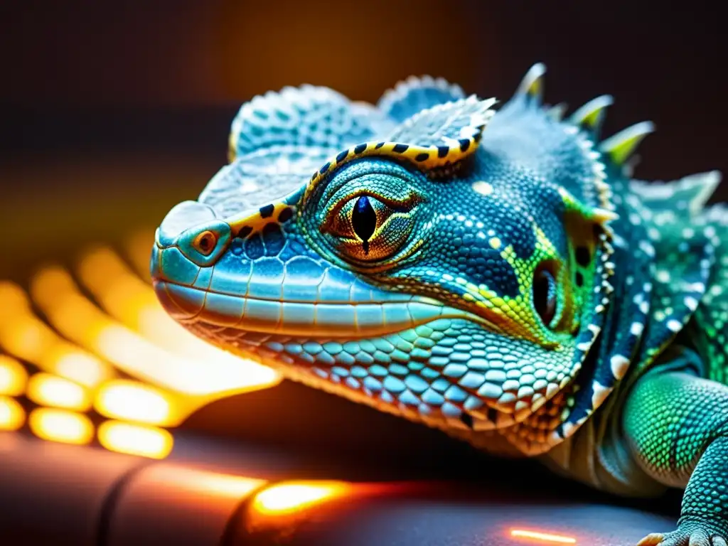 Imagen detallada de reptil bajo lámpara de calor, destacando sus escamas y patrones