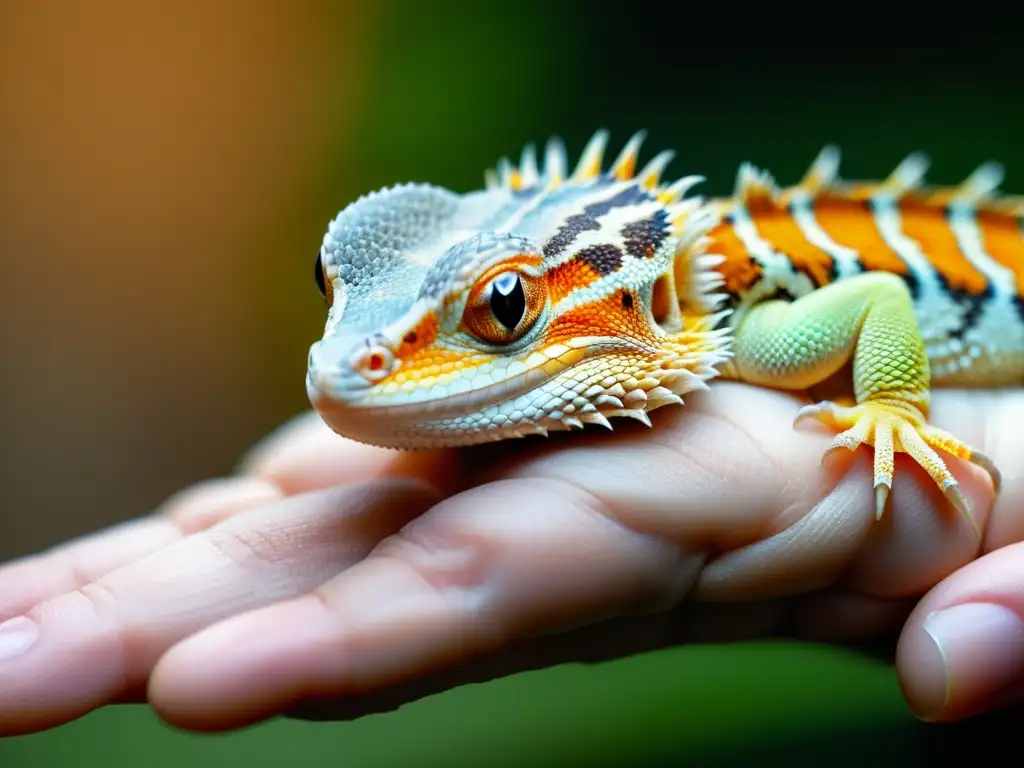 Una imagen detallada de un reptil doméstico descansando en una mano, mostrando signos de obesidad