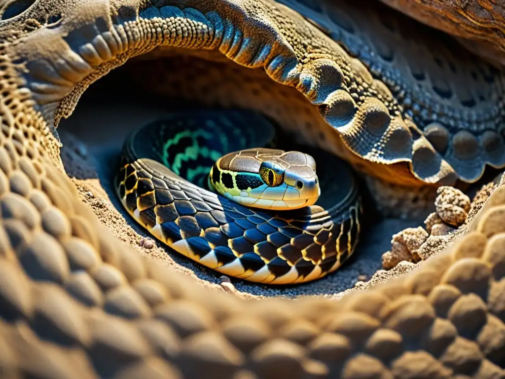 Imagen detallada de un reptil hibernando en su guarida natural, mostrando las estrategias de hibernación en reptiles