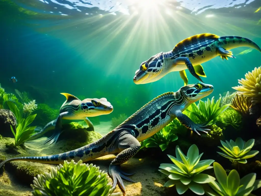 Imagen detallada de reptiles acuáticos realizando complejas técnicas de apareamiento bajo el agua, rodeados de plantas acuáticas y luz solar filtrada