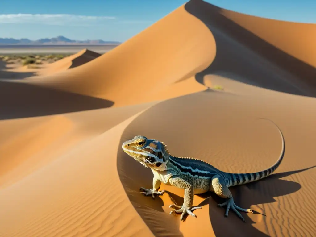 Imagen detallada: reptiles adaptados al desierto, con escamas y colores que los camuflan en las dunas doradas