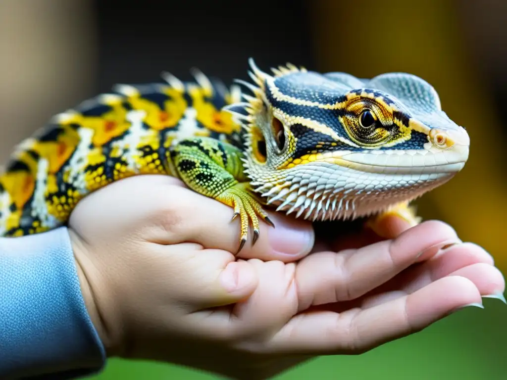Una imagen detallada muestra la socialización de reptiles en cautiverio, resaltando el cuidado y la confianza entre el reptil y su cuidador