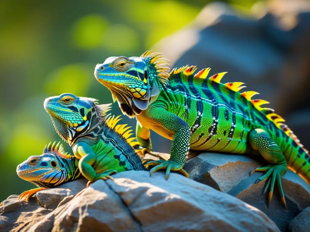 Imagen detallada de reptiles sociales enriquecidos ambientalmente, mostrando armonía y jerarquía en su interacción grupal