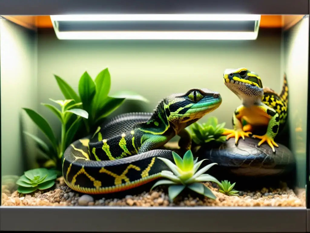 Una imagen detallada de reptiles en un terrario natural, mostrando su diversidad y belleza