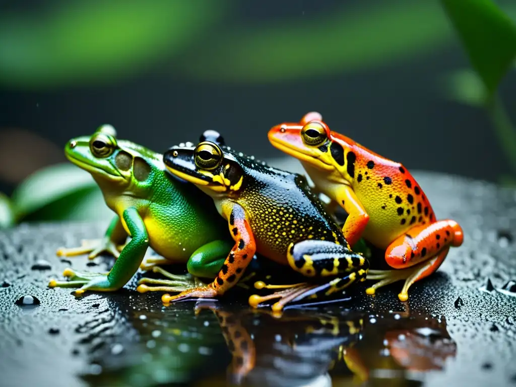 Imagen detallada de un ritual de apareamiento de anfibios bajo la lluvia, capturando su danza en detalle