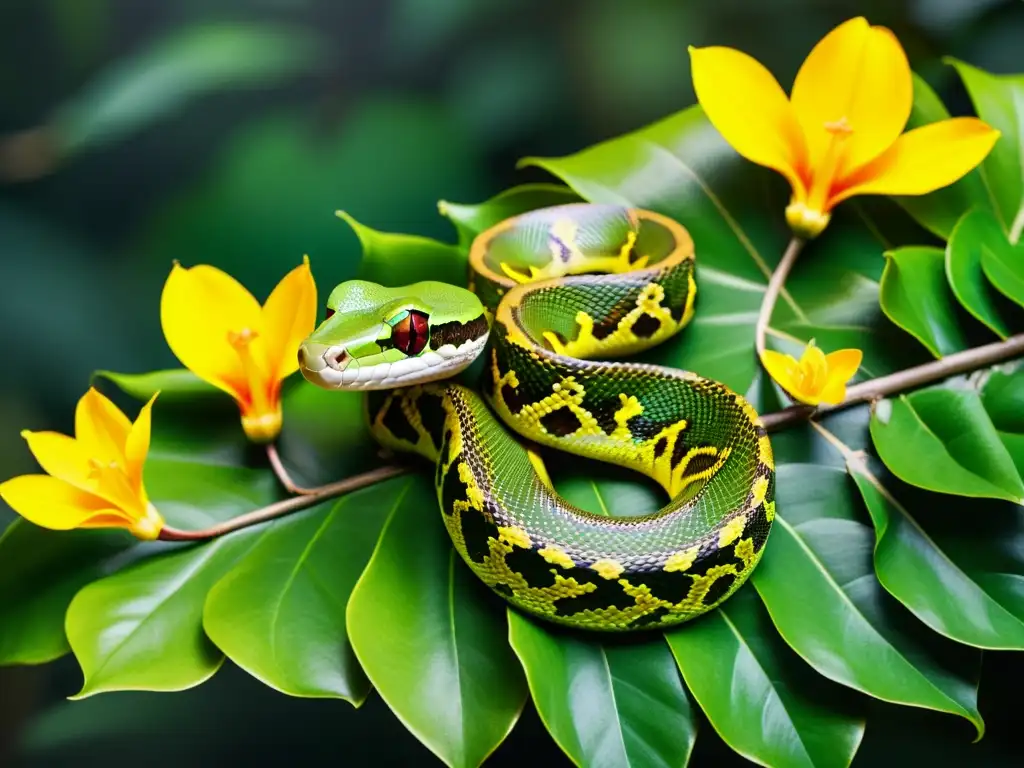 Imagen detallada de una selva tropical exuberante con una relación simbiótica entre reptiles y plantas